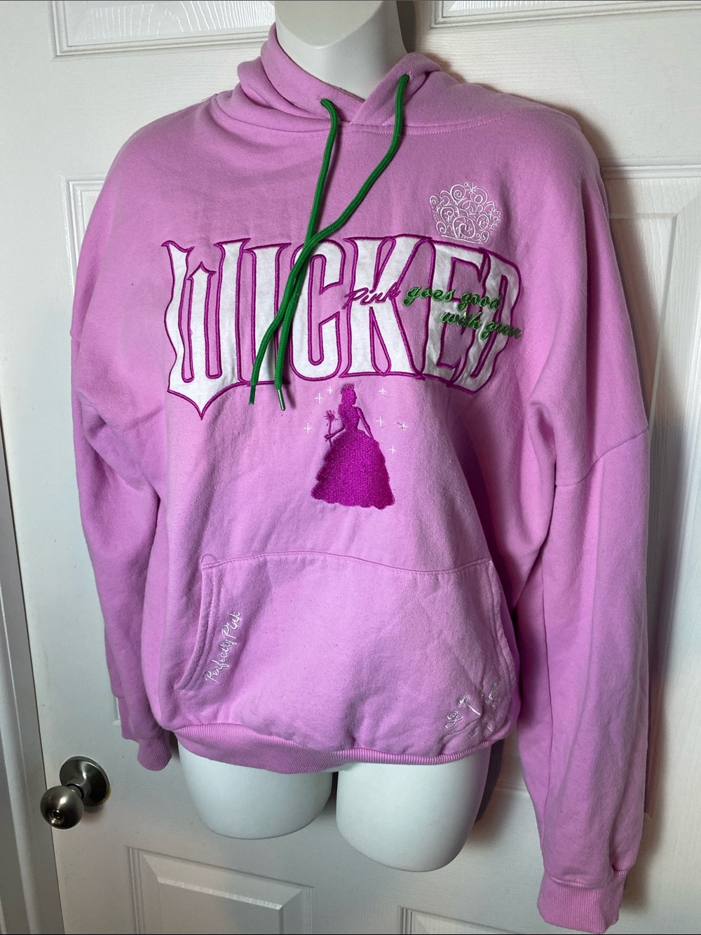 Wicked Graphic Pink Pullover Hoodie with Green Drawstrings